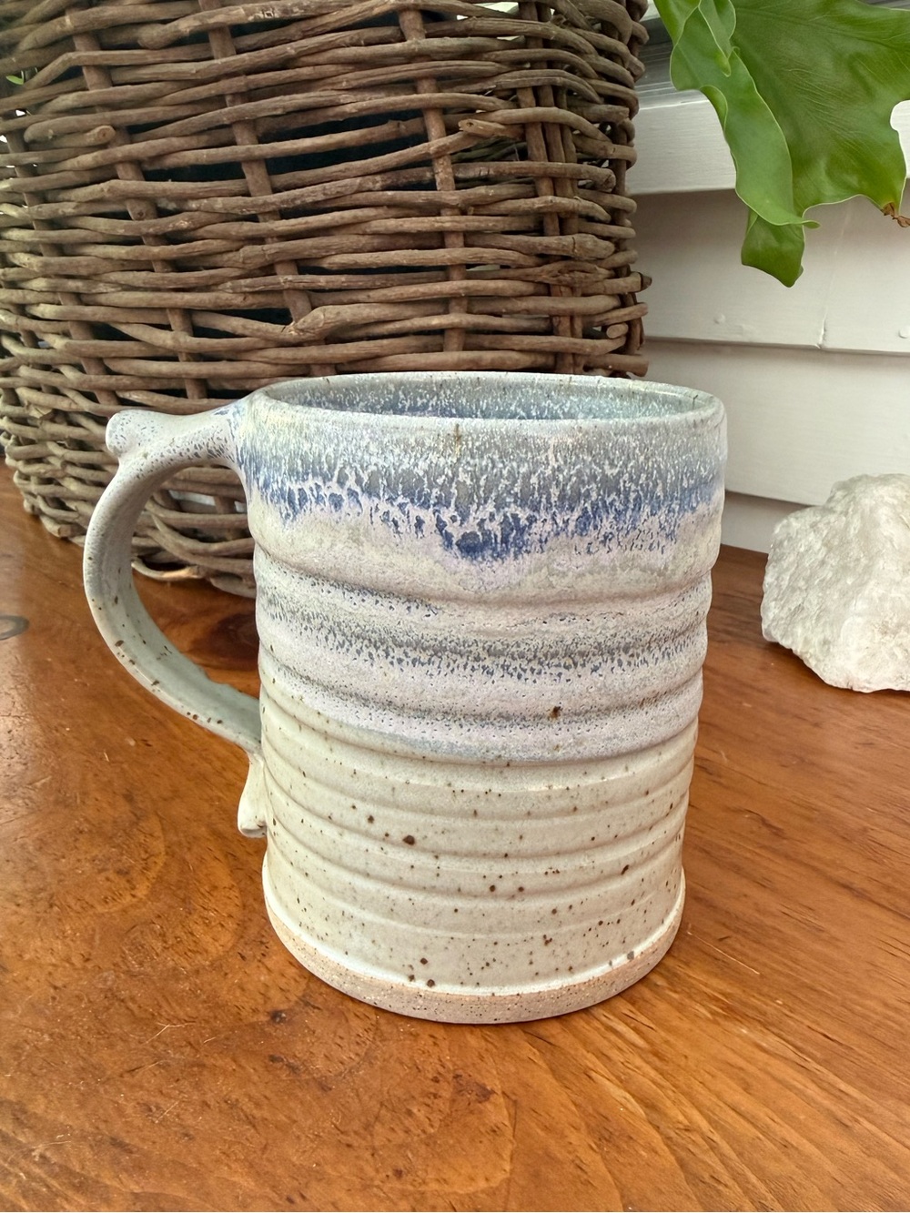 Oversized Handmade Artisan Pottery Mug Blue Gray Speckled Stoneware Rustic
